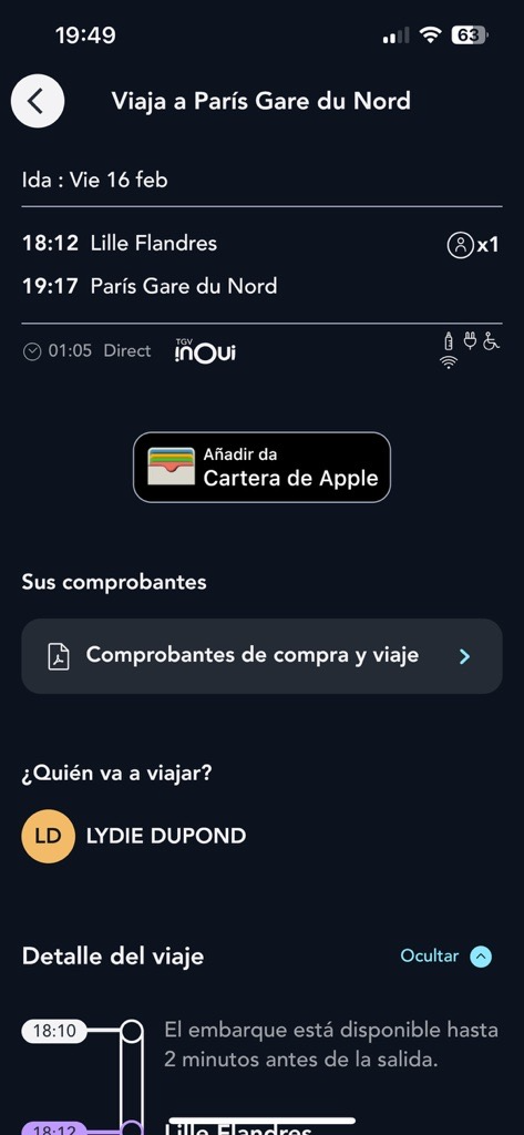 Pantalla de los detalles del viaje que ilustran la pestaña Sus recibos de la aplicación SNCF Connect