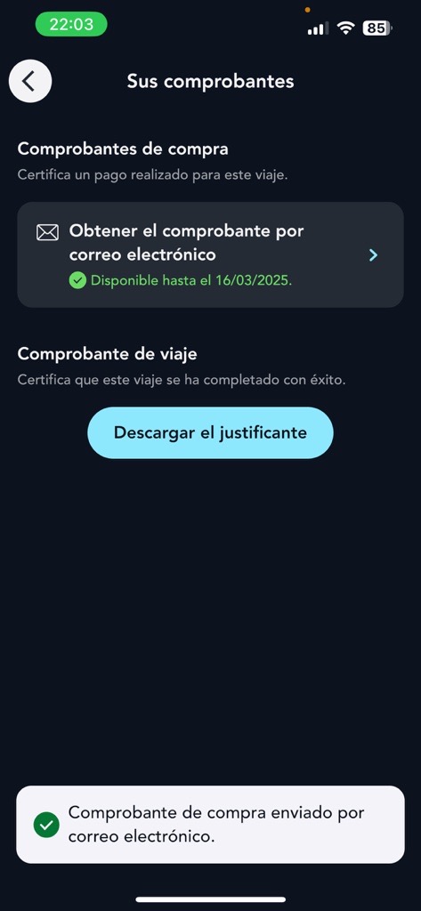Pantalla de la pestaña Sus comprobantes de la aplicación SNCF Connect