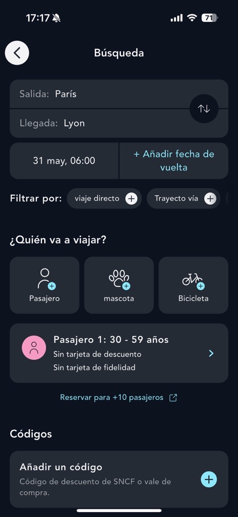 Visual de la página de búsqueda de billetes de la aplicación SNCF Connect