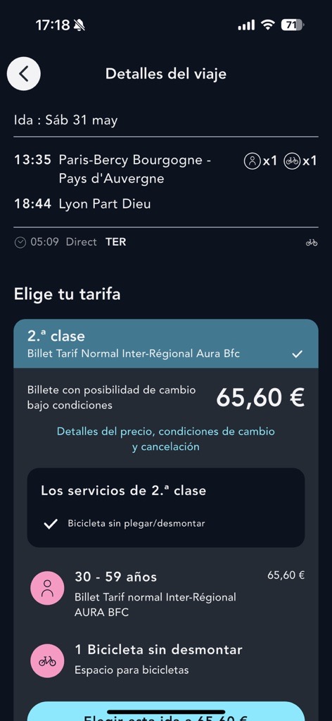 Visual de la página de selección de billetes en la aplicación SNCF Connect